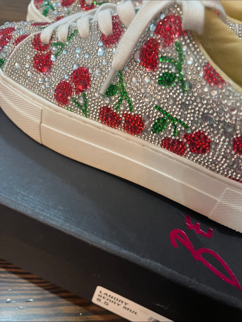 Betsey Johnson Crystal Cherry Embellished Sneakers - White/Red/Green - Picture 9 of 12